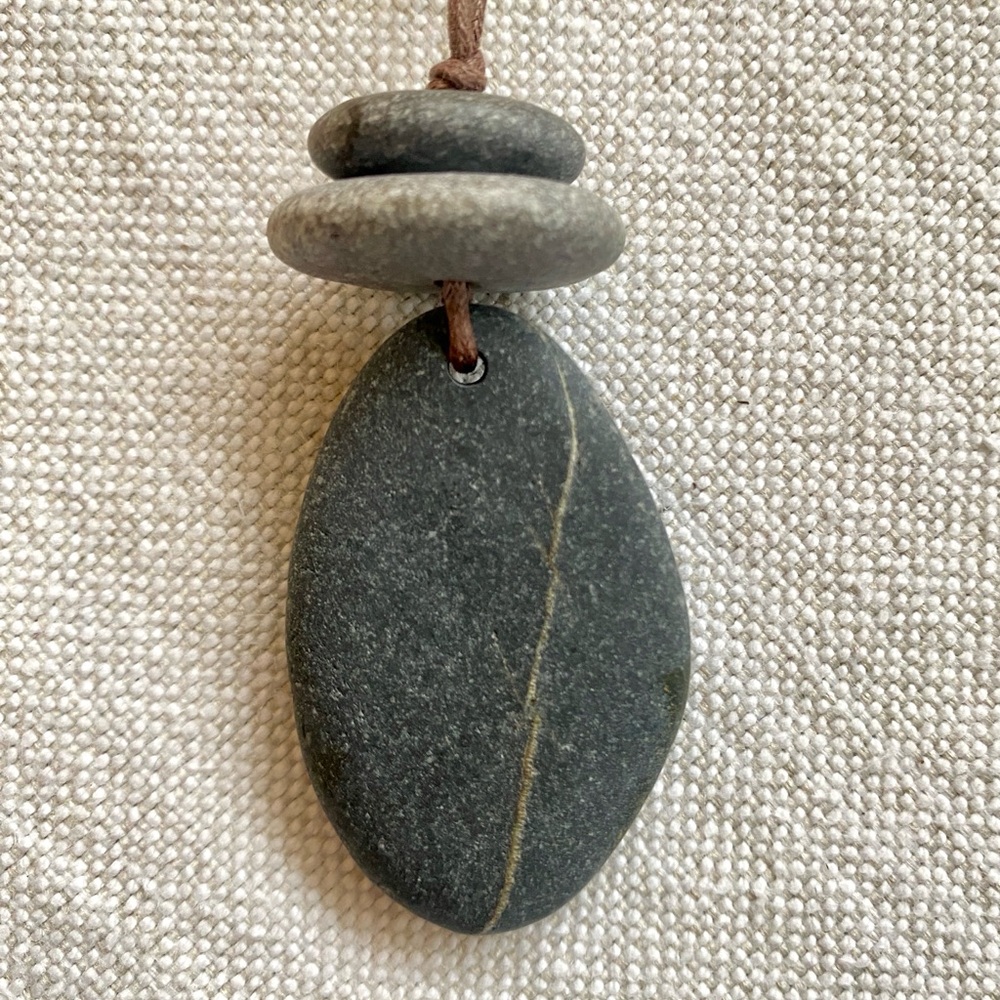 Gray Natural Stone Necklace with Brown Cord